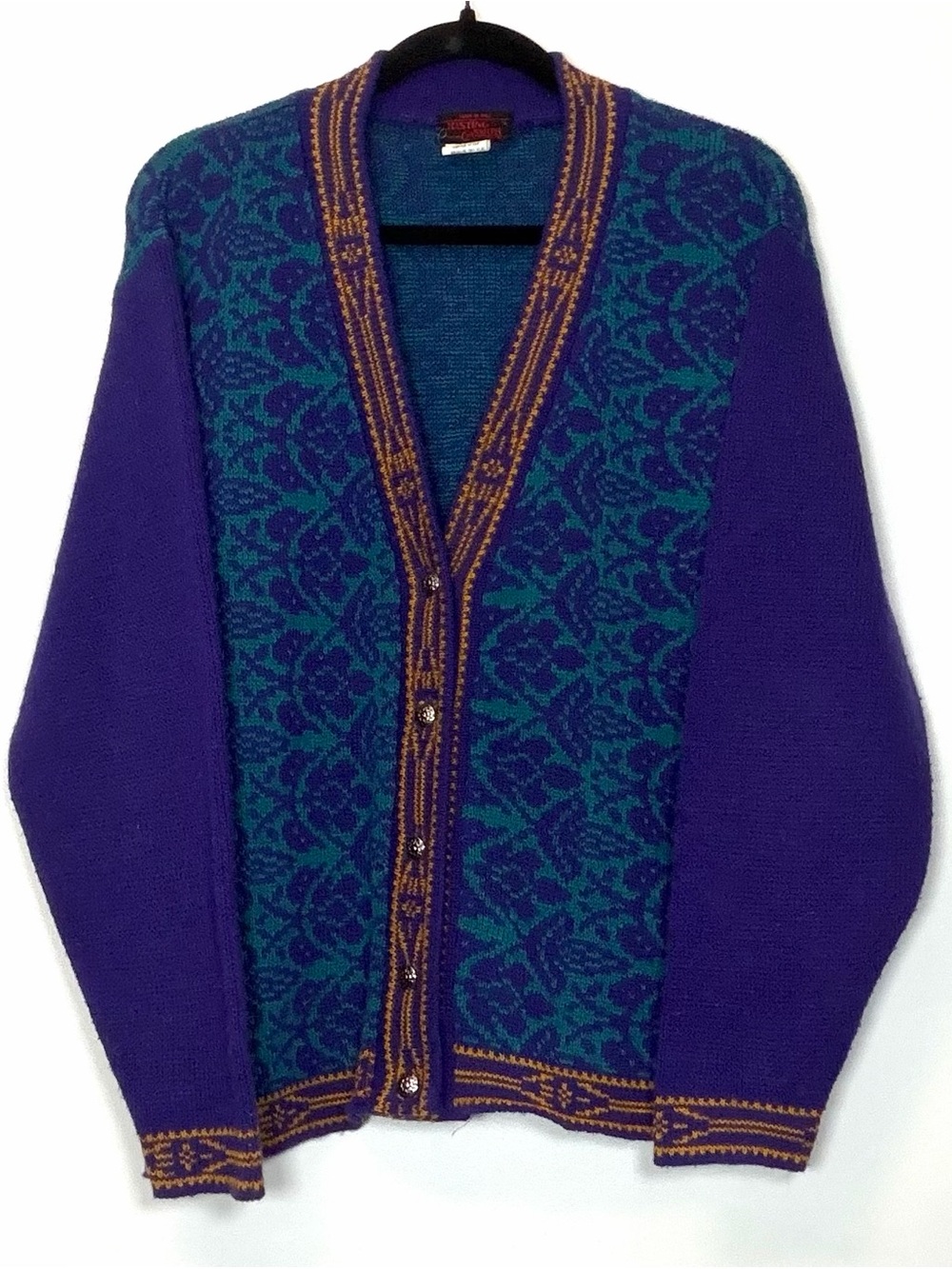 Vintage Italian Purple & Teal Patterned Wool Blend Cardigan Sweater